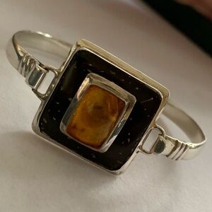 Vintage 925 Sterling Silver Amber Stone Chunky Cuff Bangle Bracelet